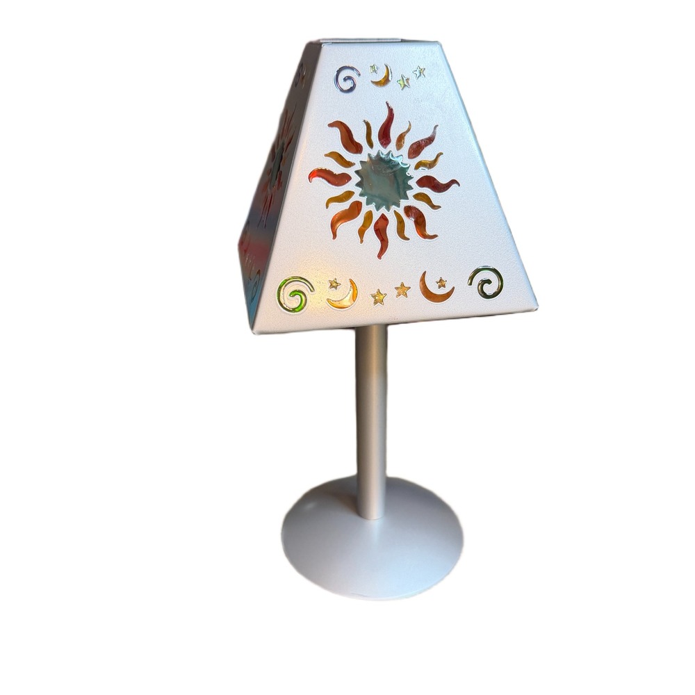 Celestial Sun Moon Stars Metal Tea Light Candle Holder Silver Pyramid Shade 10"